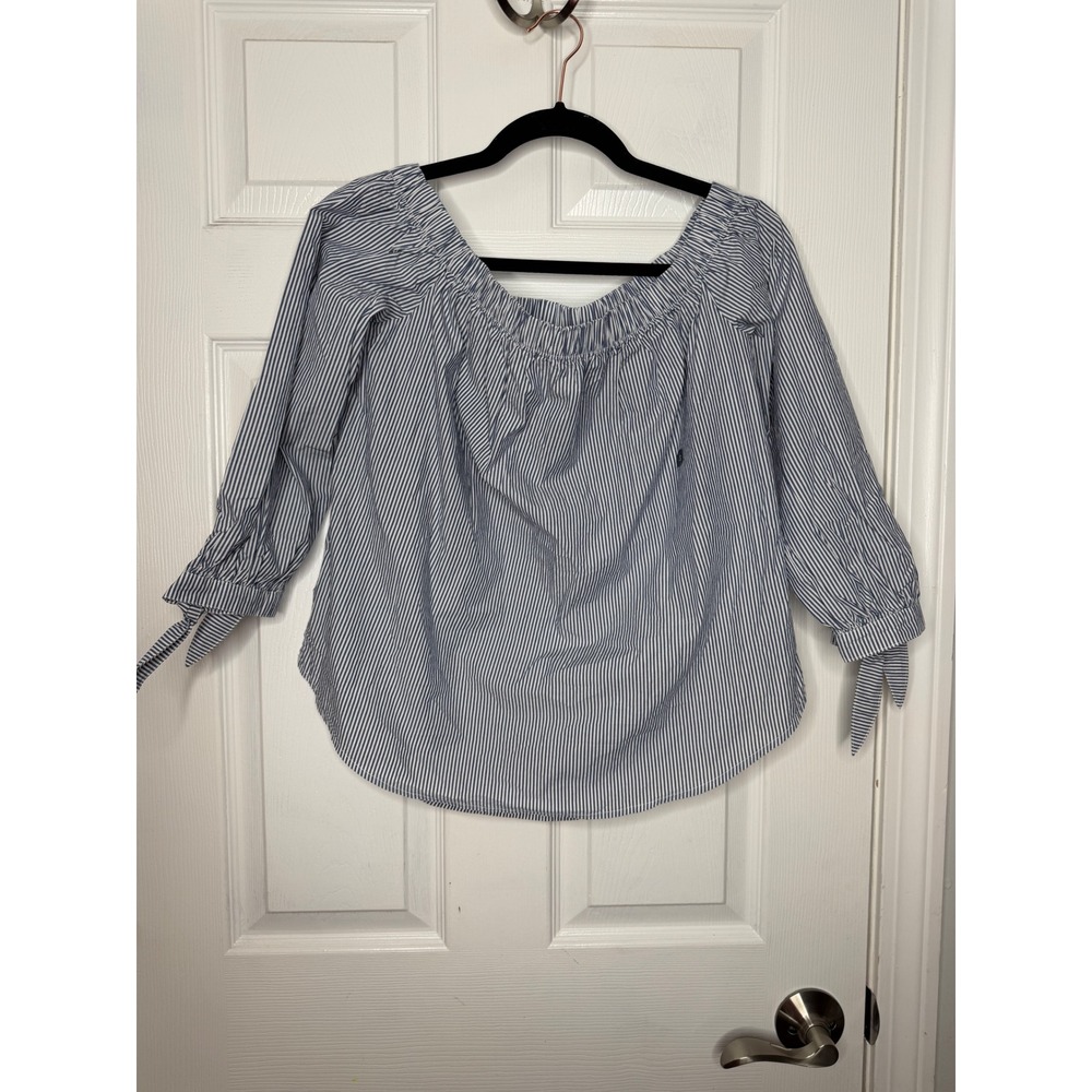 ABERCROMBIE & FITCH NWT Blue White Pinstripe Cotton Off Shoulder Blouse Size S